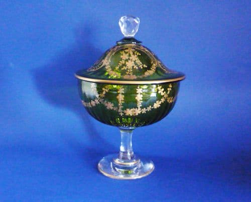 Superb Quality Antique Baccarat Green and Gilded Glass Dish + Cover c1880