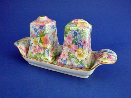 Superb Royal Winton 'Marion' Chintz Ascot Shape Salt and Pepper on Tray c1951