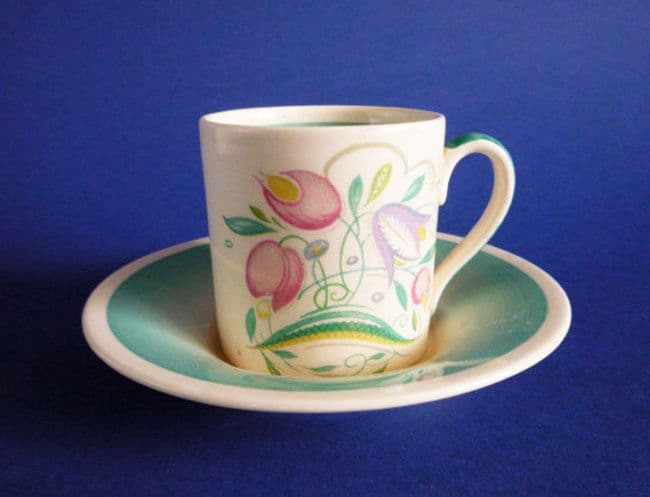 Susie Cooper Crown Works Green Dresden Spray Coffee Can and Saucer