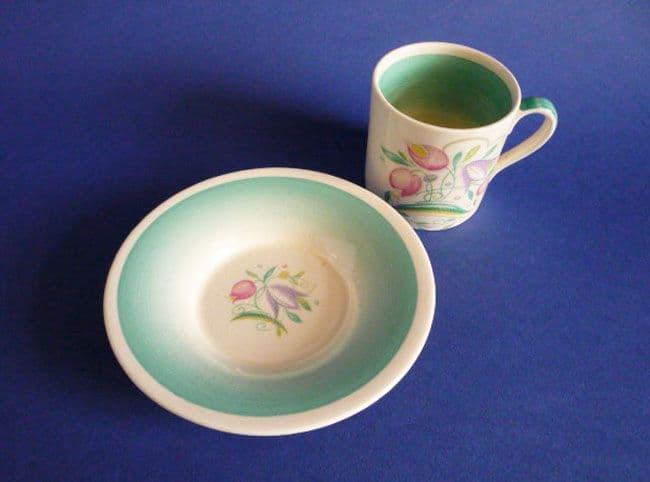 Susie Cooper Crown Works Green Dresden Spray Coffee Can and Saucer