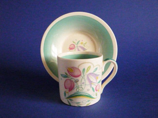 Susie Cooper Crown Works Green Dresden Spray Coffee Can and Saucer