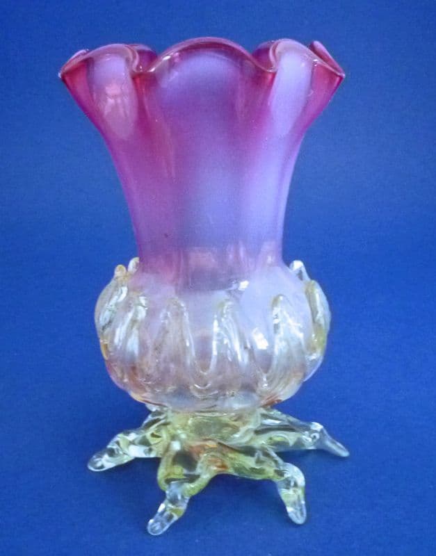 Thomas Webb Opalescent Cranberry and Vaseline Glass Lily Vase 