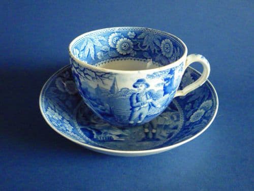 Very Rare Spode 'Woodman' PearlwareTea Cup and Saucer c1815