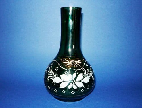 Victorian Enamelled Green Glass Bottle Vase c1890