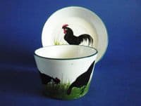 Wemyss Ware 'Black Leghorn Cockerel and Hens' Cup and Saucer c1900