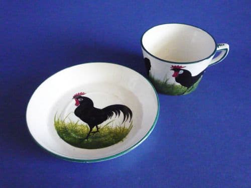Wemyss Ware 'Black Leghorn Cockerel and Hens' Cup and Saucer c1900
