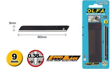 20 pieces of Olfa ABB-10B Excel Black, 9mm Snap Off Blades in protective tubes, blister packed