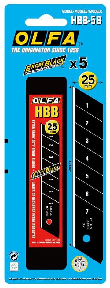 5 pieces OLFA HBB-5B Excel Black Ultra Sharp 25mm extra heavy duty snap off blades