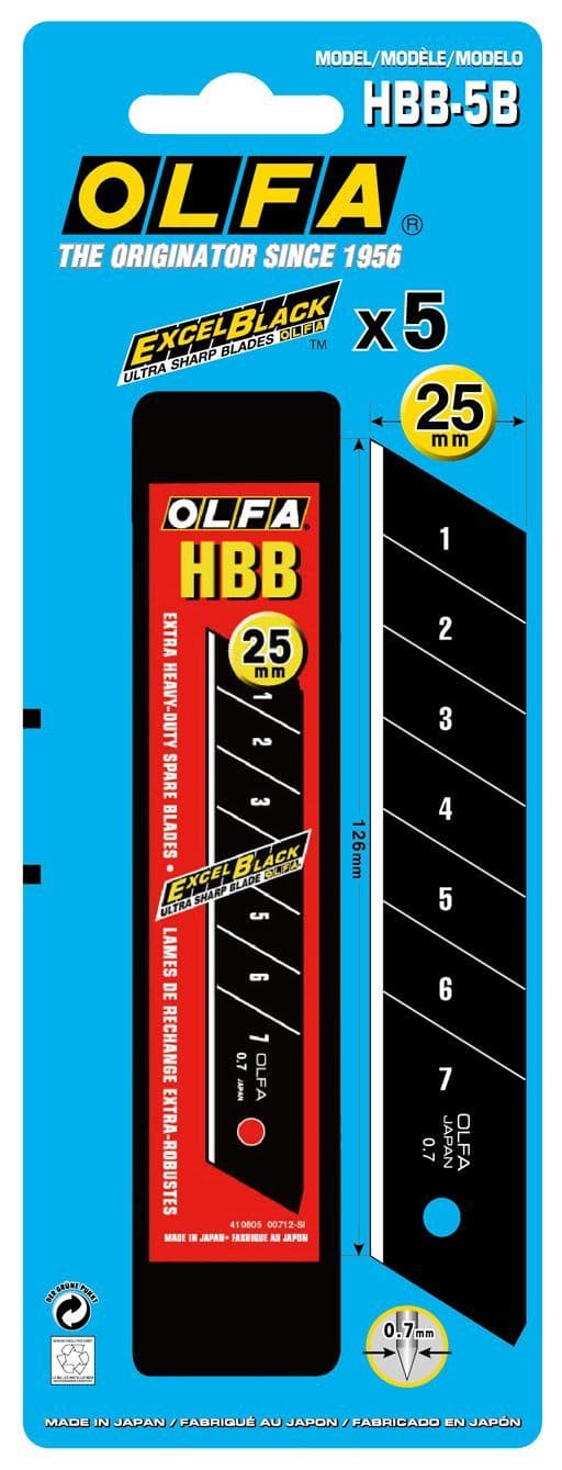 5 pieces OLFA HBB-5B Excel Black Ultra Sharp 25mm extra heavy duty snap off blades