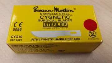 Cygnetic CYG10 No.10 scalpel blades, sterile stainless steel, in single peel packs - box of 50