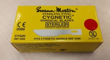 Cygnetic CYG20 No.20 scalpel blades, sterile stainless steel, in single peel packs - box of 50