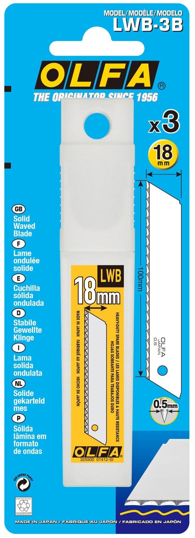Olfa LWB-3B solid waved blades, 18mm, pack of 3 blades