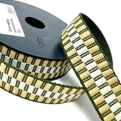 30mm cotton mix heavy duty webbing - stone/silver/khaki