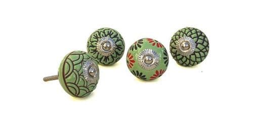 4 Etched/Painted Green Knobs