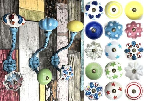 Blue painted hook with choice of ceramic knobs