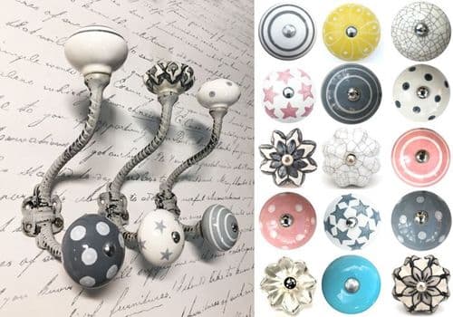 Grey twist hook with choice of ceramic knobs