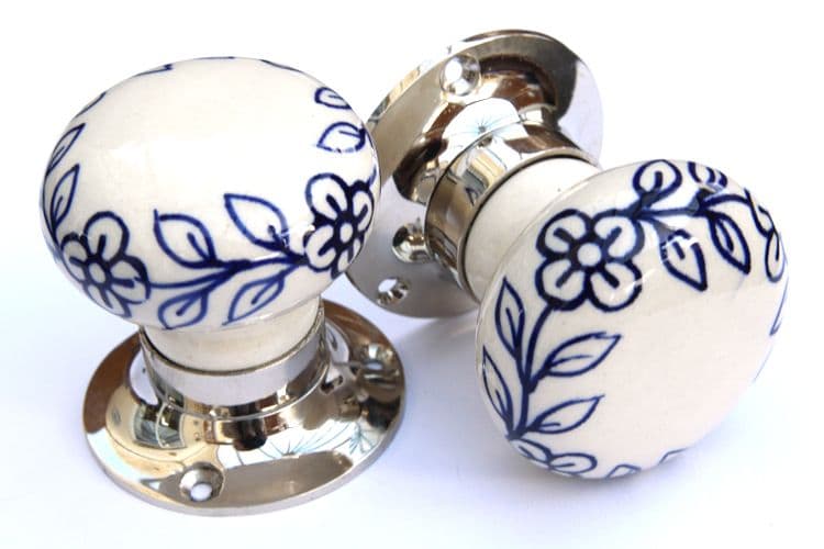 Mortice Knobs - Blue Flowers (Silver)