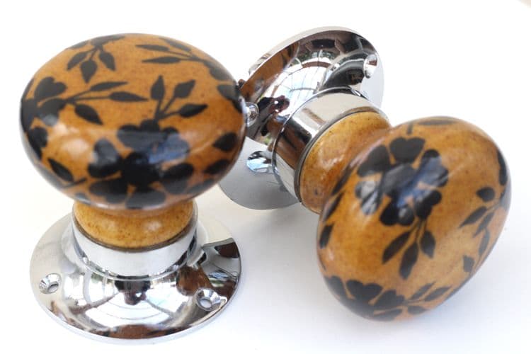 Mortice Knobs - Brown with Black Flowers