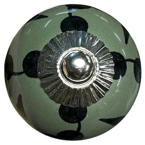 Olive Green Round Black Flowers