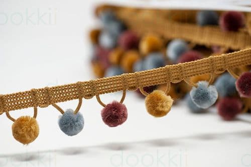 Pompom Trim - Multi Gold/Grey/Mulberry