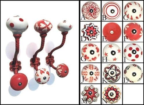 Red painted hook with choice of ceramic knobs
