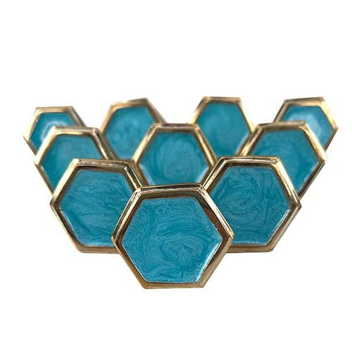 Set of 10 Aqua Enamel Hex Gold Trim