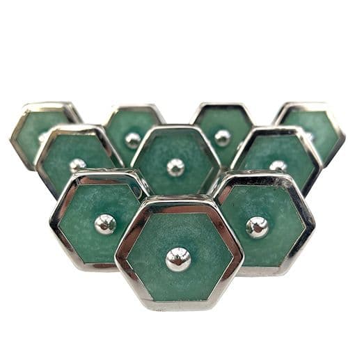Set of 10 Aqua Resin Silver Trim Hex