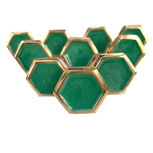 Set of 10 Green Enamel Hex Gold Trim