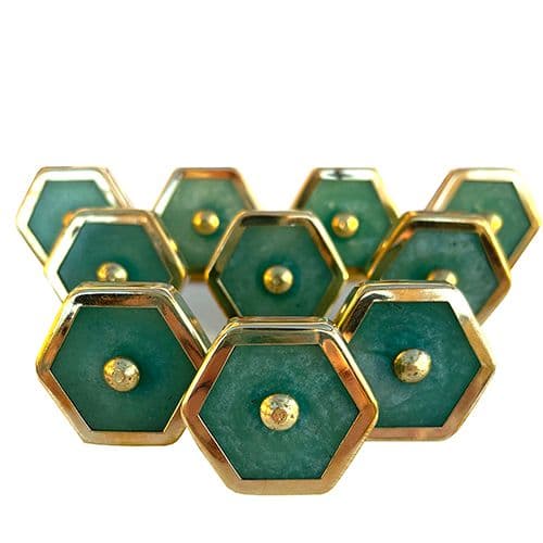 Set of 10 Green Resin Gold Trim Hex