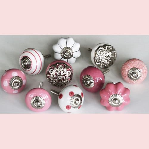 Set of 10 pink and white ceramic knobs