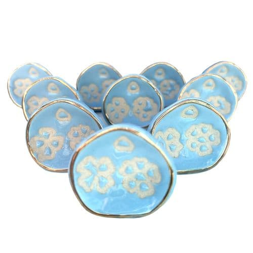 Set of 10 Pretty Blue Etched Pod Gold Trim