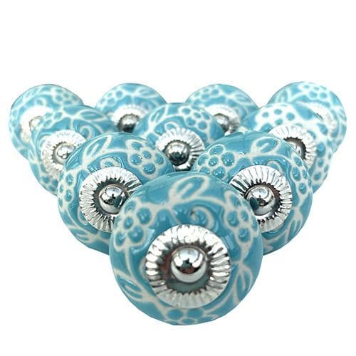 Set of 10 Turquoise etched flower knob