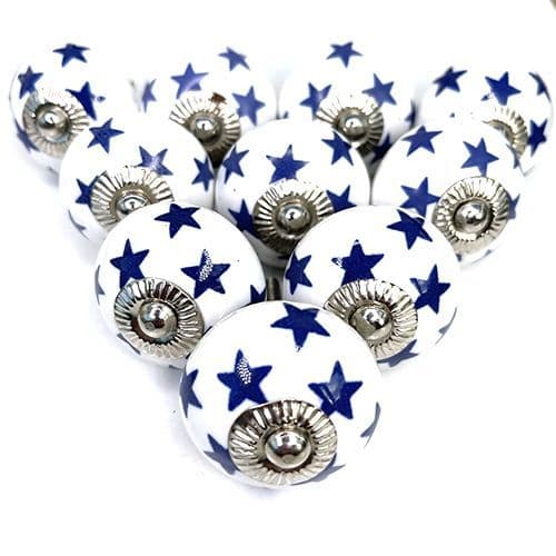 Set of 10 White/Blue stars knobs
