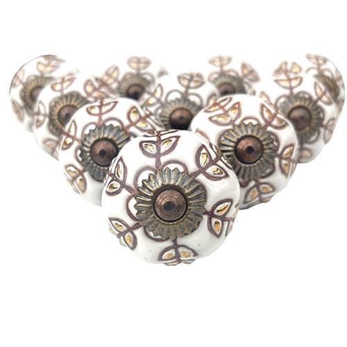 Set of 10 White Ceramic with Bronze Leaf Etching