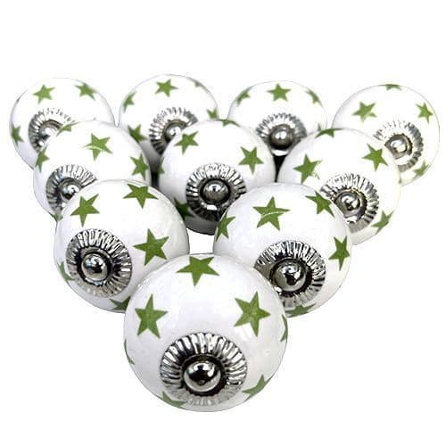 Set of 10 White/Green stars knobs