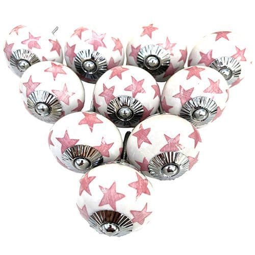 Set of 10 White/Pink stars knobs