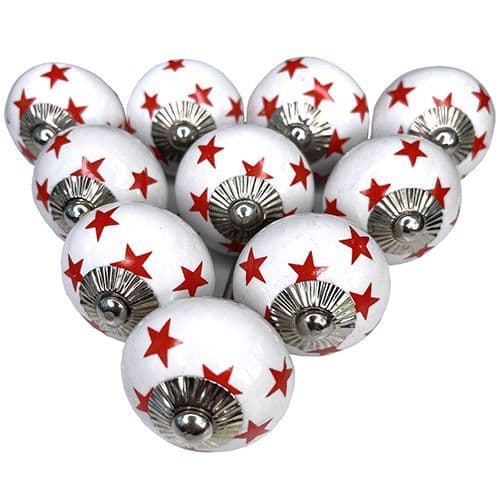 Set of 10 White/Red stars knobs