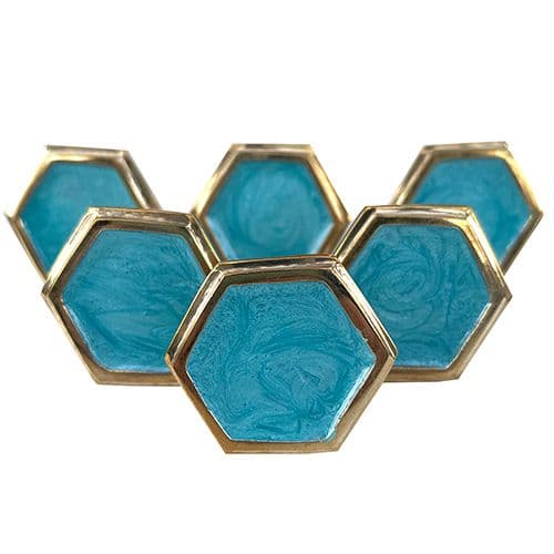 Set of 6 Aqua Enamel Hex Gold Trim