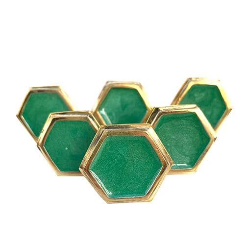 Set of 6 Green Enamel Hex Gold Trim