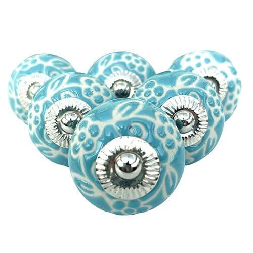 Set of 6 Turquoise etched flower knob