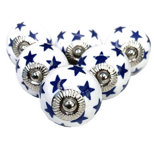 Set of 6 White/Blue stars knobs
