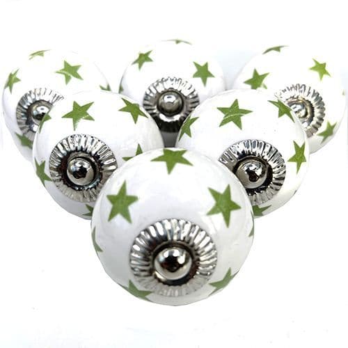 Set of 6 White/Green stars knobs
