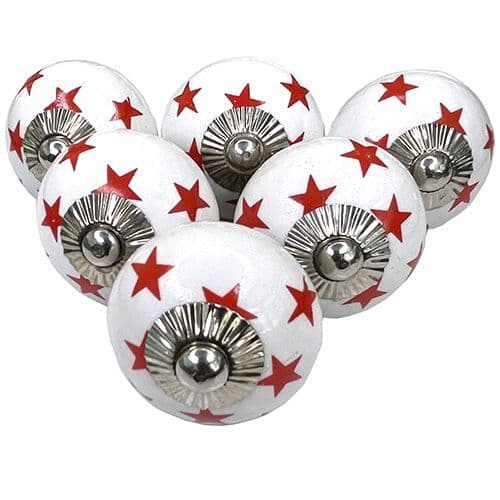 Set of 6 White/Red stars knobs