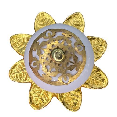 White knob - 'Fancy Gold Fitting with Gold Flower' Back plate
