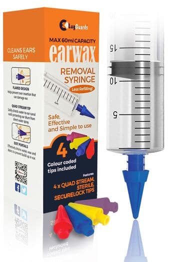 LugGuards 60ml Quad Stream Ear Wax Removal Syringe with 4 Colour Coded Tips