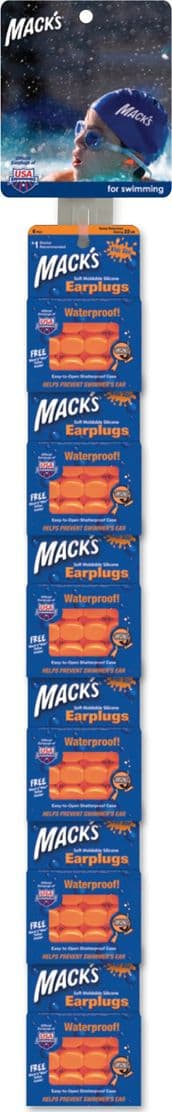 Mack's Clip Strip - Swim Style - Pre-Loaded with 6 Packs of Orange Kids Silicone Swimming Earplugs