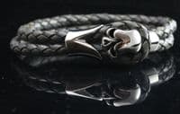 Grey Leather, Tribal Steel, Skull Bracelet (19cm)