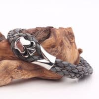 Grey Leather, Tribal Steel, Skull Bracelet (19cm)