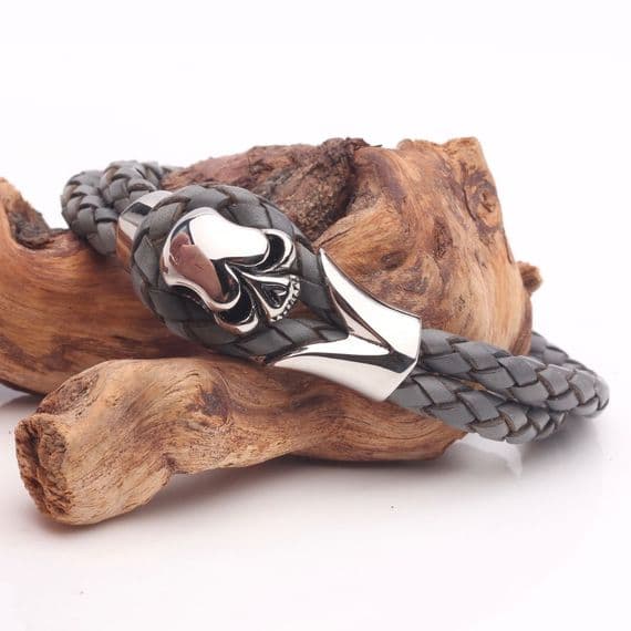 Grey Leather, Tribal Steel, Skull Bracelet (19cm)
