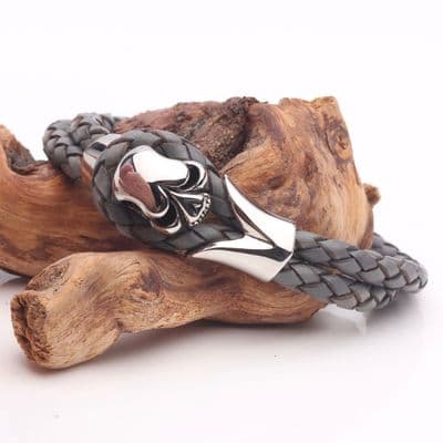 Grey Leather, Tribal Steel, Skull Bracelet (22cm)